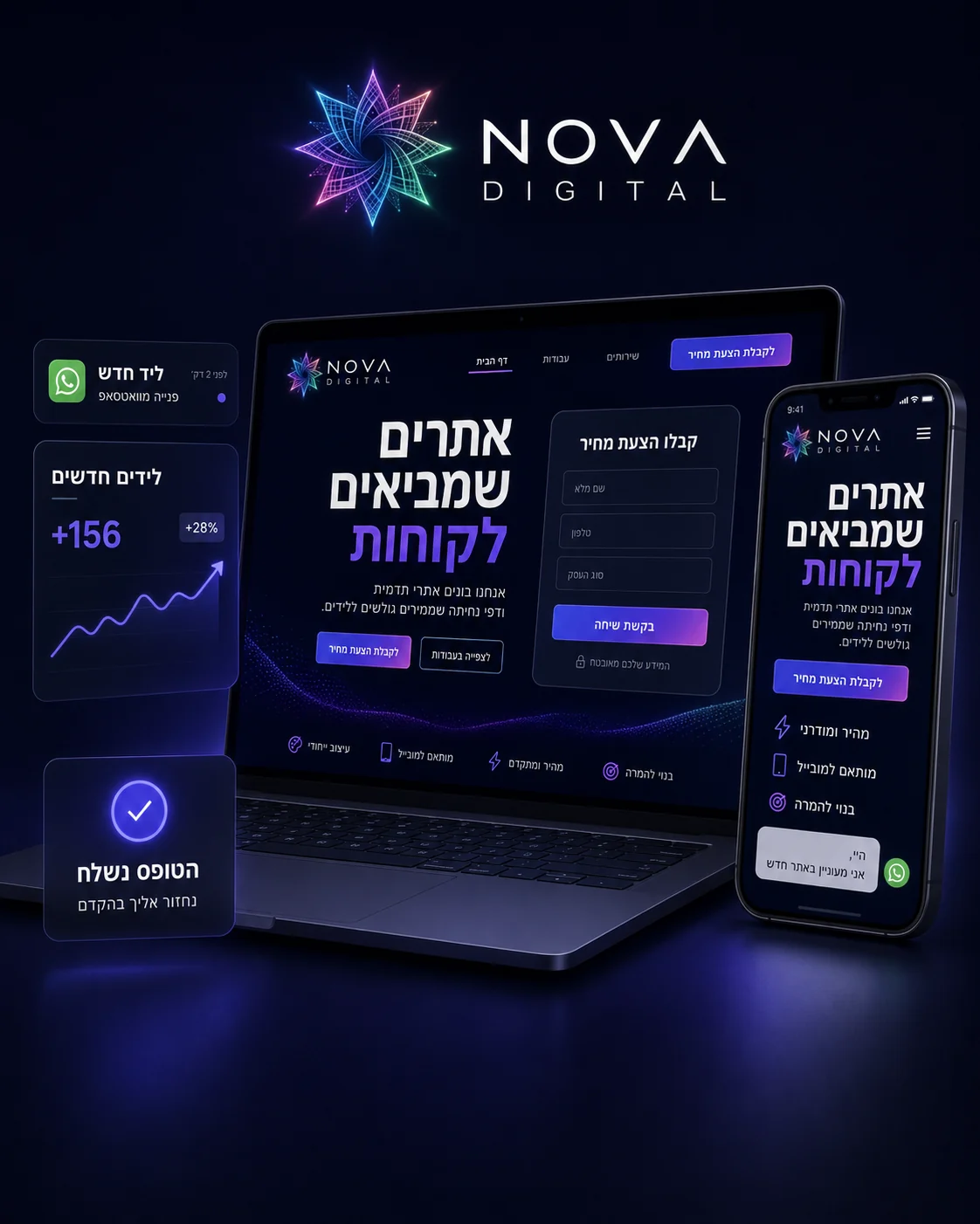 דף נחיתה פרימיום של Nova Digital — לפטופ ומובייל
